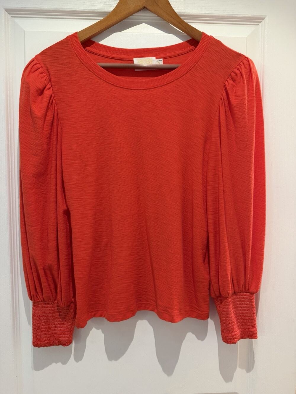 Nation LTD Loren Smocked Peasant Tee Puff Sleeve Red Orange Pima Cotton Small